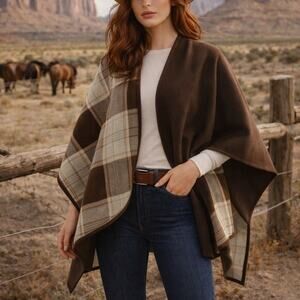 Woolrich Tartan Plaid Western Reversible Microfleece Blanket Cape Poncho Brown